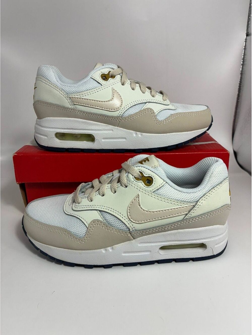 Size 1y - Nike Air Max 1 Leather Mesh Light Orewood Kids